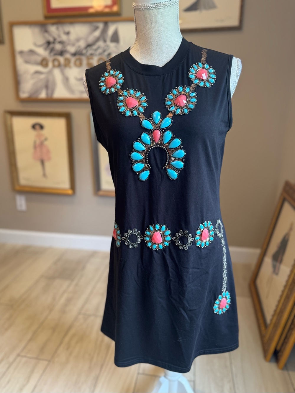 New! QUEEN OF SPARKLES Black Turquoise Necklace & Belt Dress
